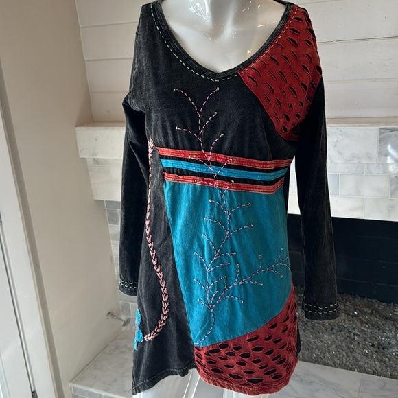 Boho Nepalese Embroidered Floral Black Multicolored Cotton Mini Dress Size Small - Picture 2 of 10